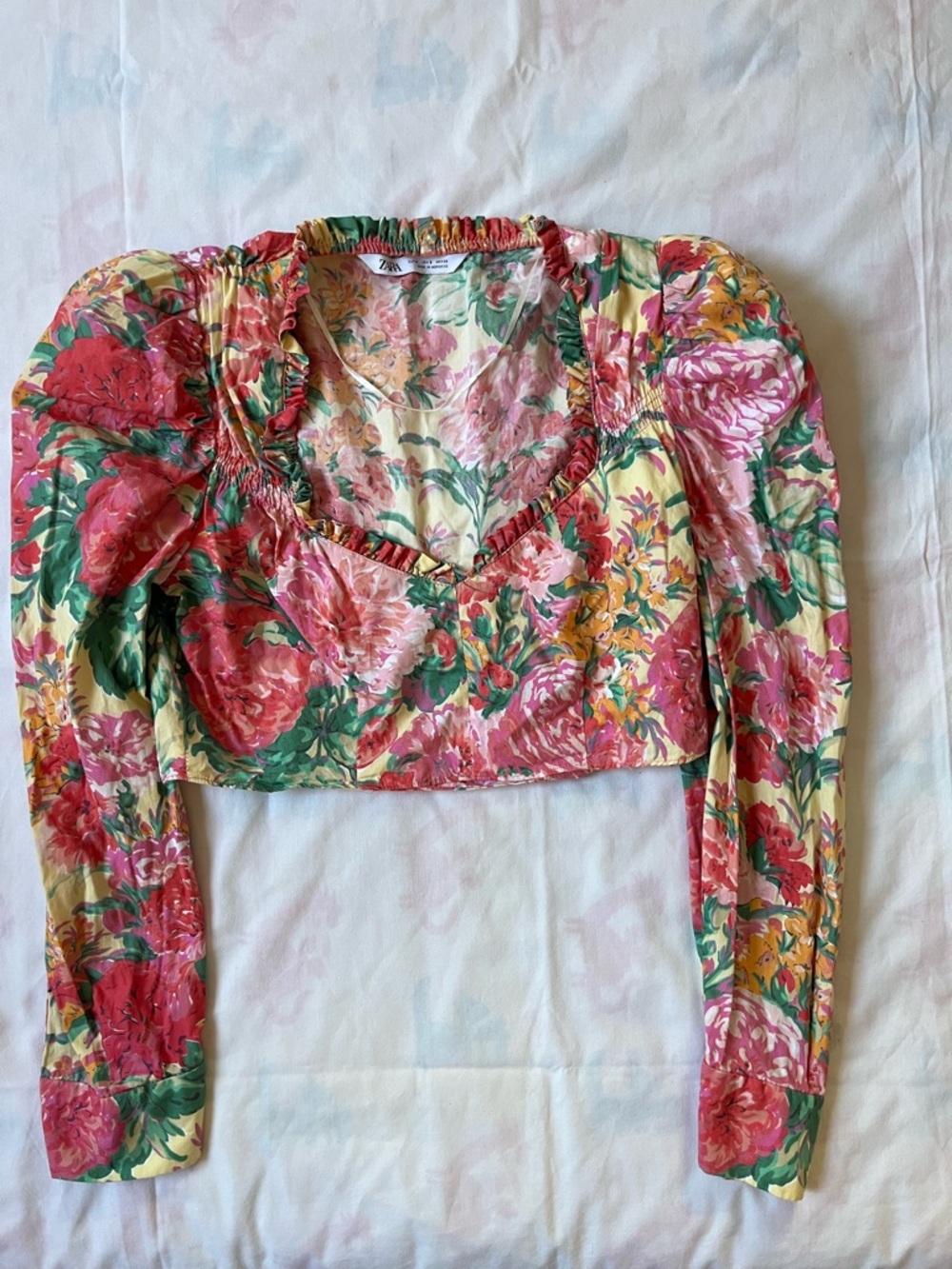 Zara Floral Puff-Sleeve Cropped Top - Pink, Yellow, Green